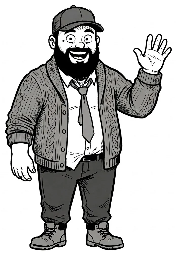 Illustrated bearded man in a cap and cardigan, waving